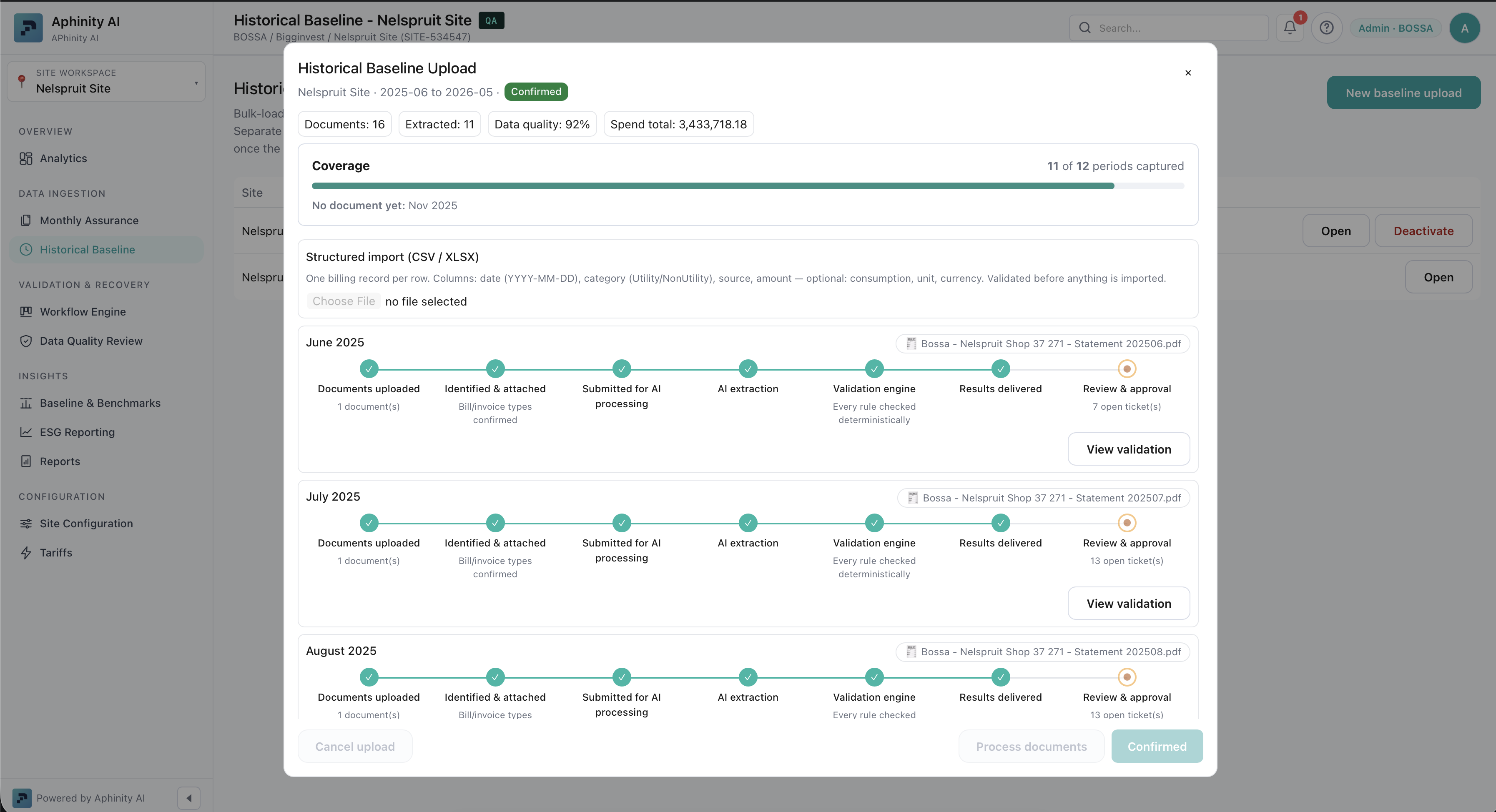 APhinity Historical Baseline upload pipeline showing ingest, extraction, validation and review stages